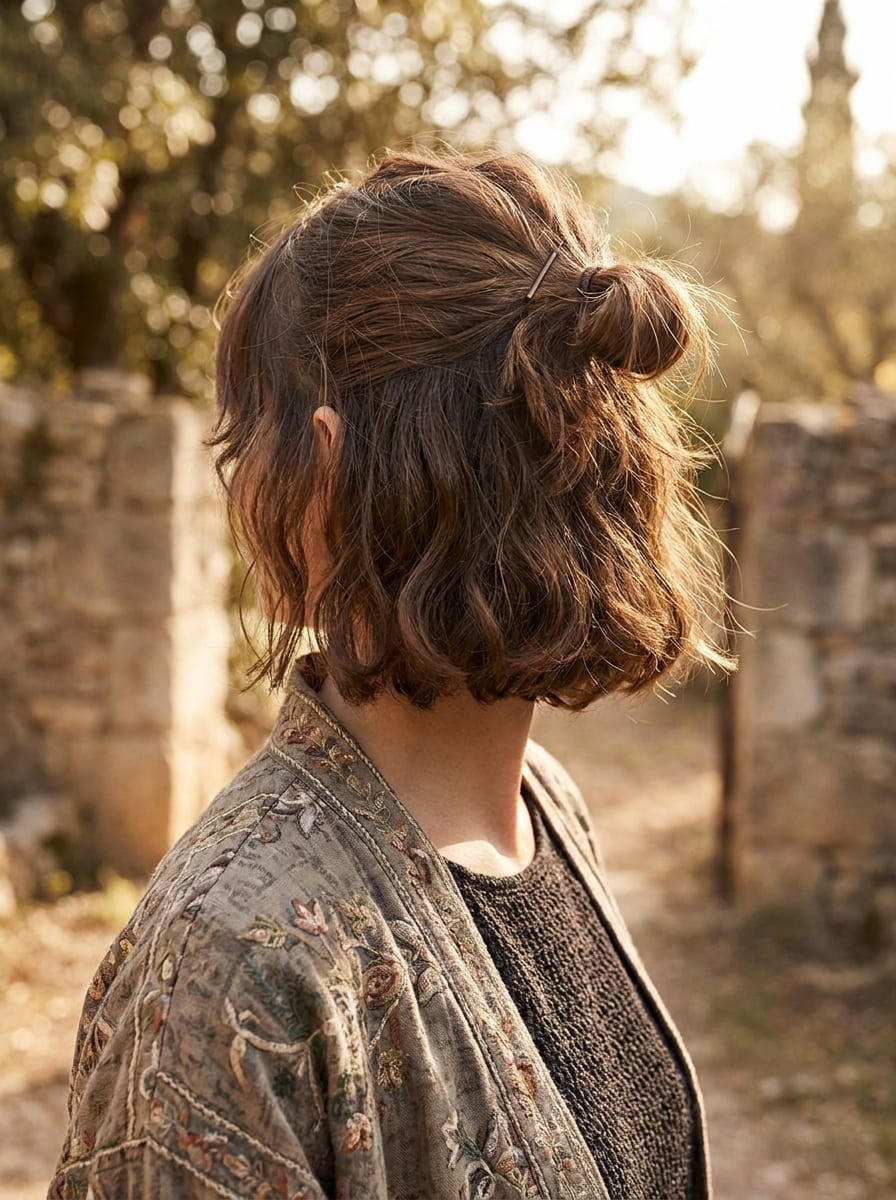Mini Half-up Bun bei kurzem Bob - Oktoberfest Frisur für kurze Haare